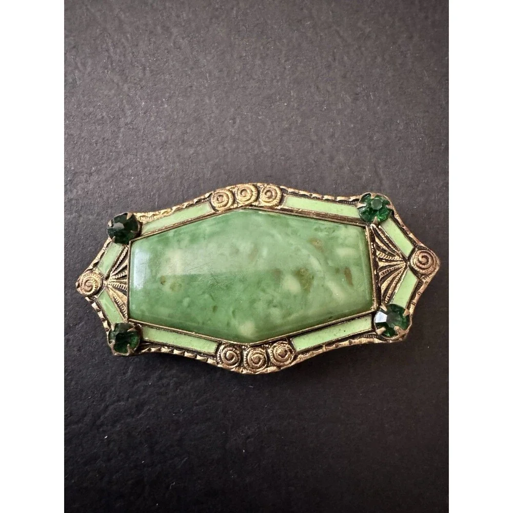Art Deco Czech Style Faux Jade Green Enamel Rhinestone Brooch Repair 1920s